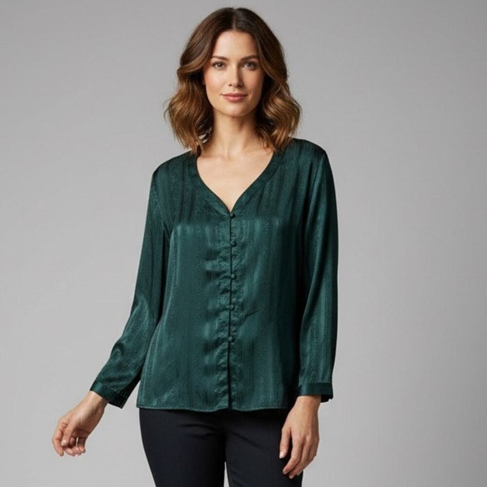 Vintage Victoria Secret Gold Label Pajama Top Small Dark Green Striped Satin